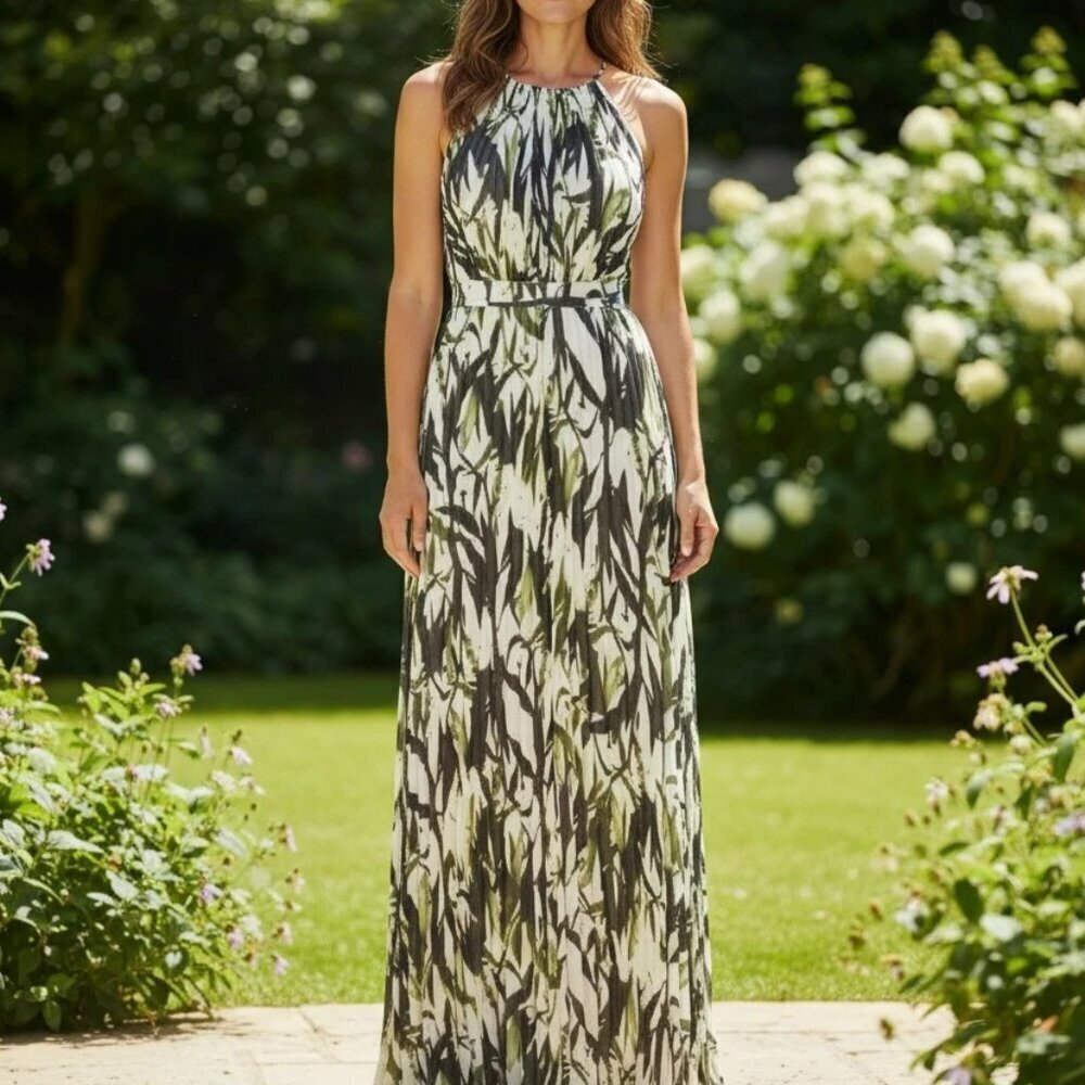 Reiss Winnie Printed Pleated Maxi Dress Size 2 Green Leaves Cocktail Evening
